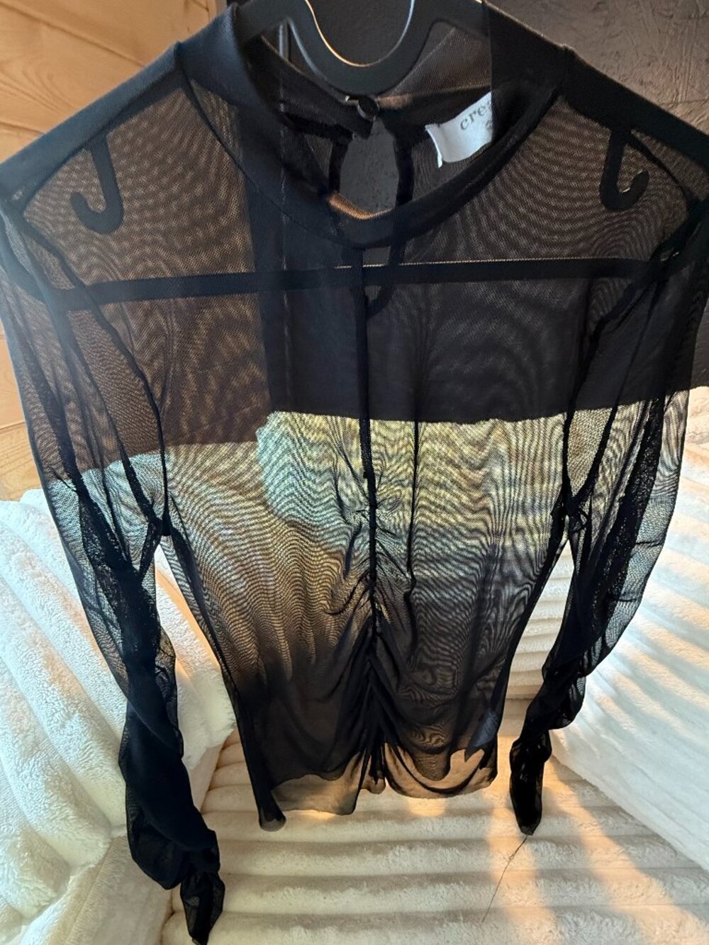Sheer Black Mesh Ruched Long Sleeve Top Drawstring Front Size S